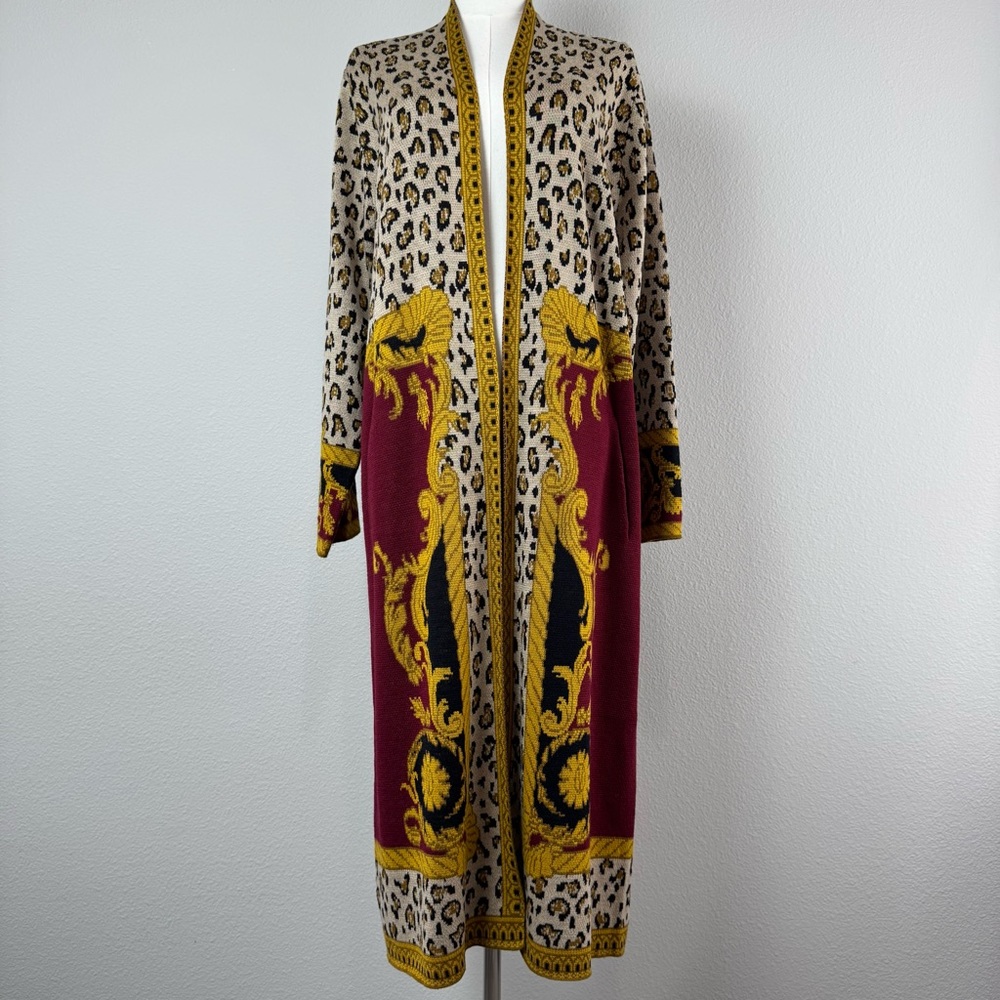 Max Sport Longline Duster Cardigan Women's Size M Leopard Mix Print Open Front